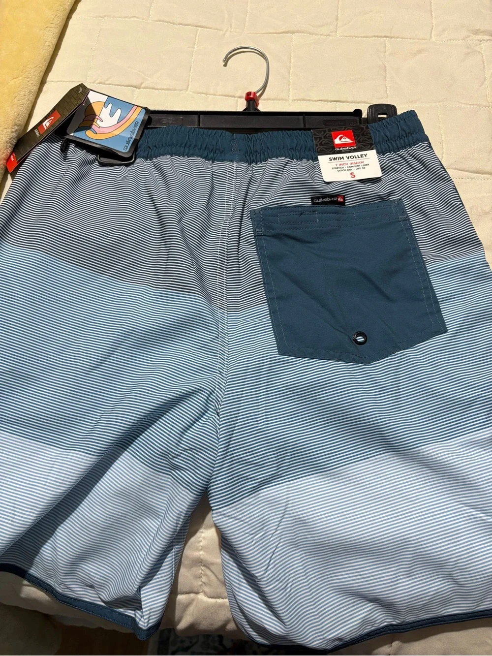 Quiksilver Light Blue Striped Swim Trunks with Navy Trim